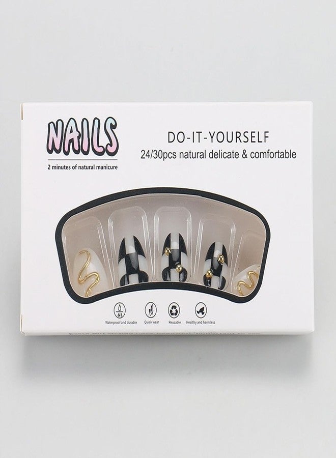 HJKDSFD 30Pcs Short Press on Nails Oval Shaped Fake Nails Black and White Checkerboard False Nails with Gold Chrome Design Pearl Glue on Nail Cute Natural Acrylic Artificial Nail for Women Girls - Image 5